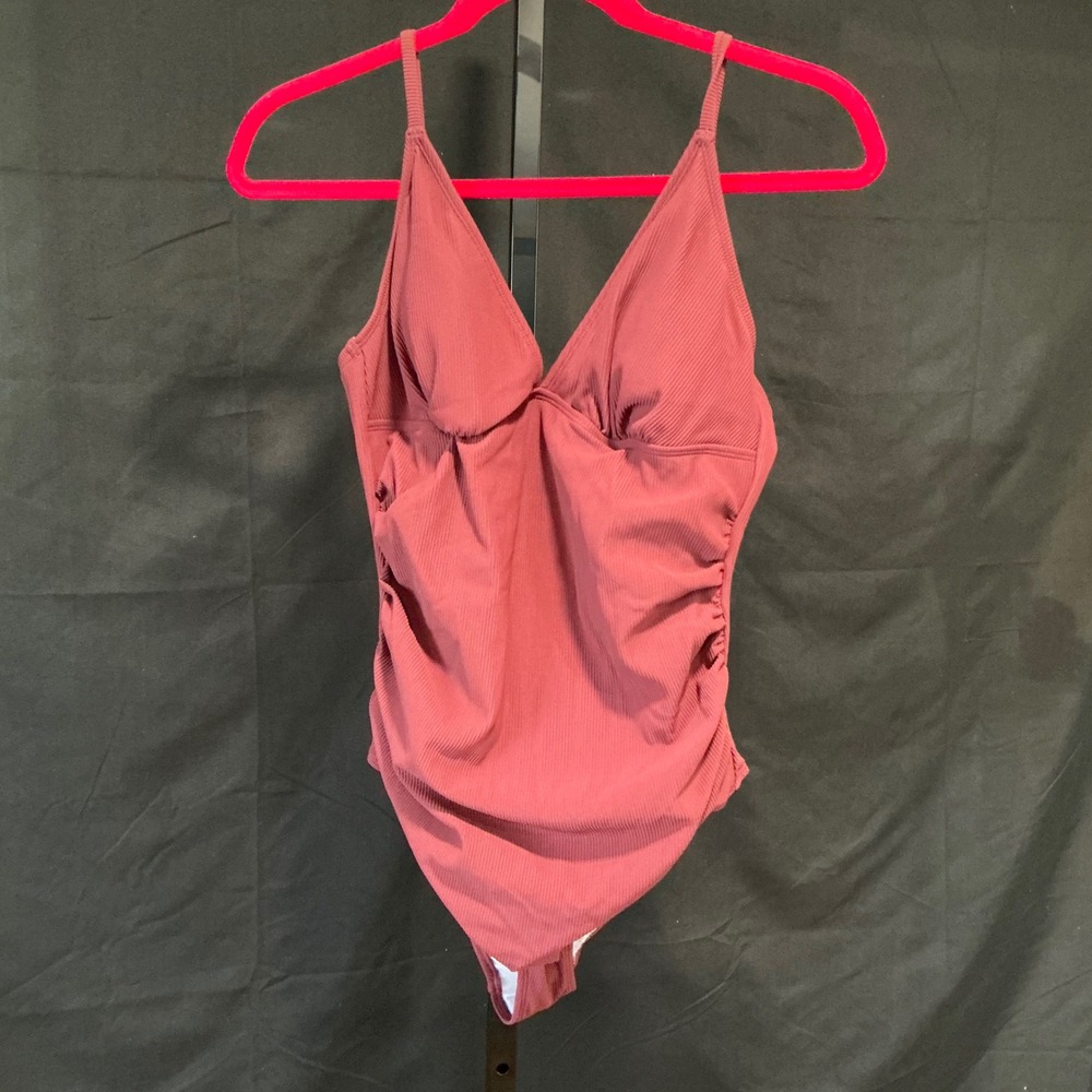 Cupshe One Piece Swimsuit Large Mauve Ribbed Ruched V-Neck Cutout Bow Back NEW